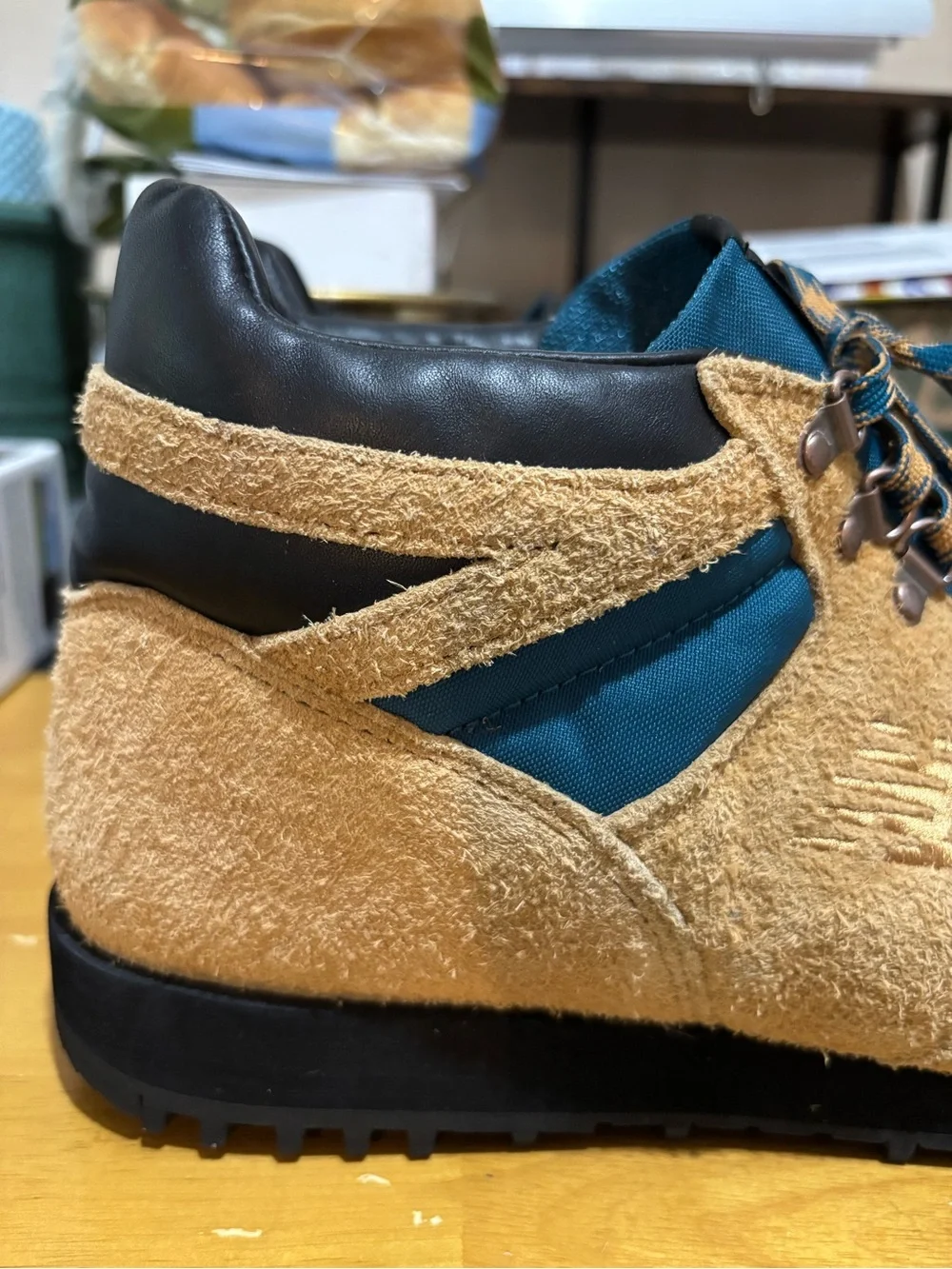 New Balance Rainier Men's Tan Suede & Teal Hiking Sneakers